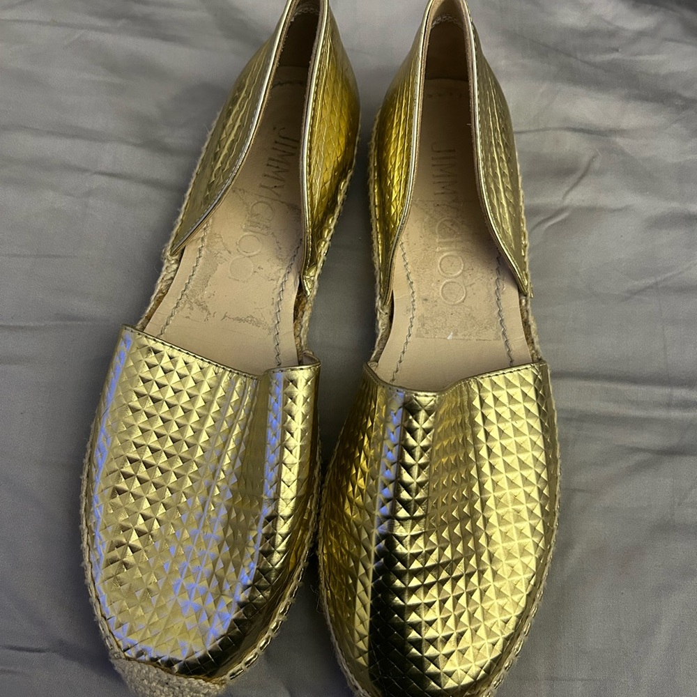 Jimmy Choo Metallic Gold Textured Espadrille Flats